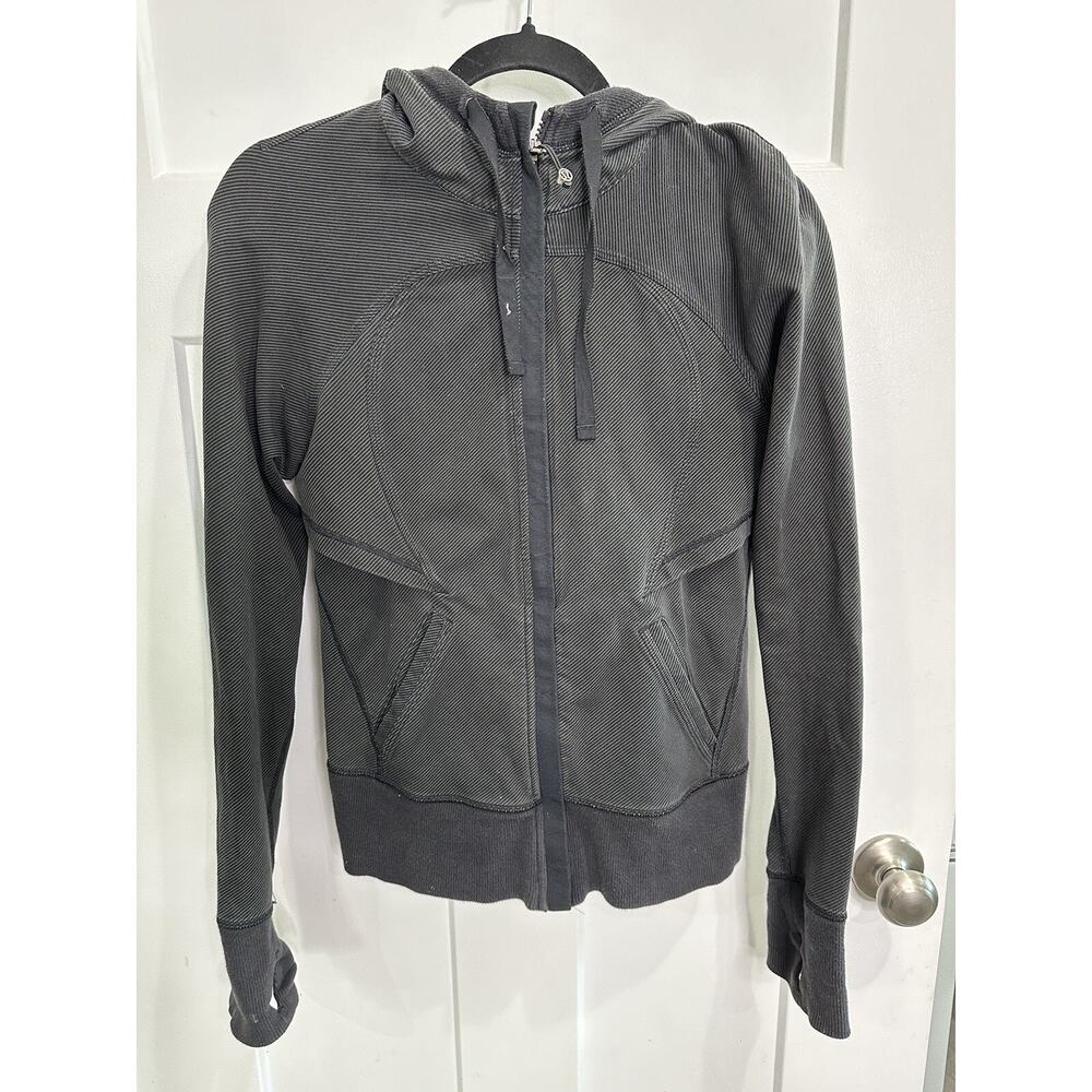 Lululemon Womens Hoodie Full Zip After Asana Gray & Black Thumb Holes Sz 6